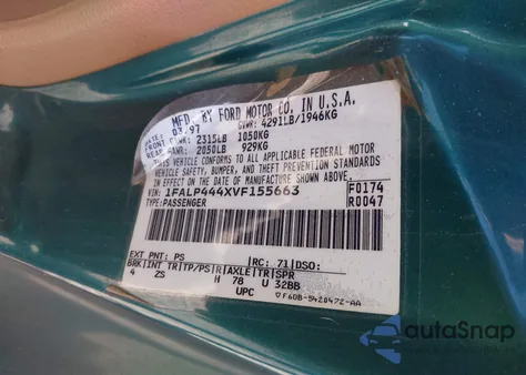 1997 Ford Mustang из США, поврежденный, VIN 1FALP444XVF155663